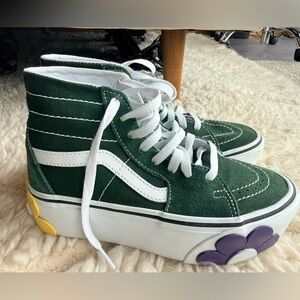 Vans Green and White High-Top Flower Platform Sneakers